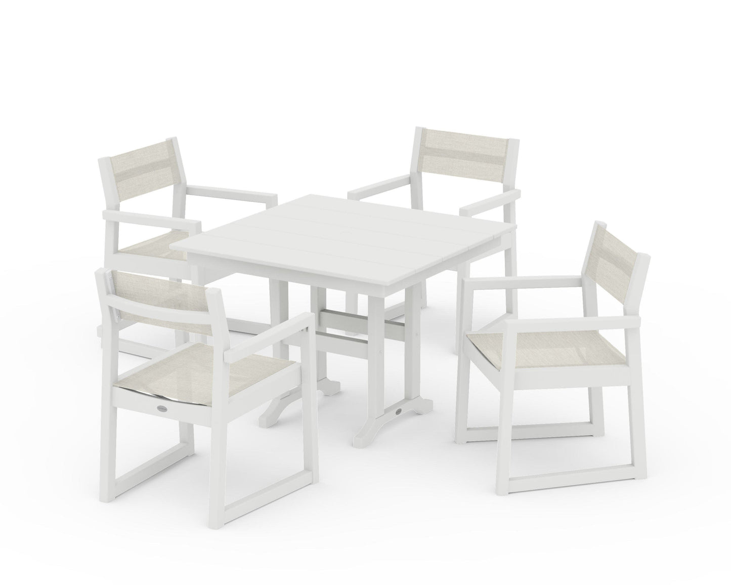 POLYWOOD EDGE Sling Arm Chair 5-Piece Farmhouse Dining Set — Vintage White / Parchment Sling