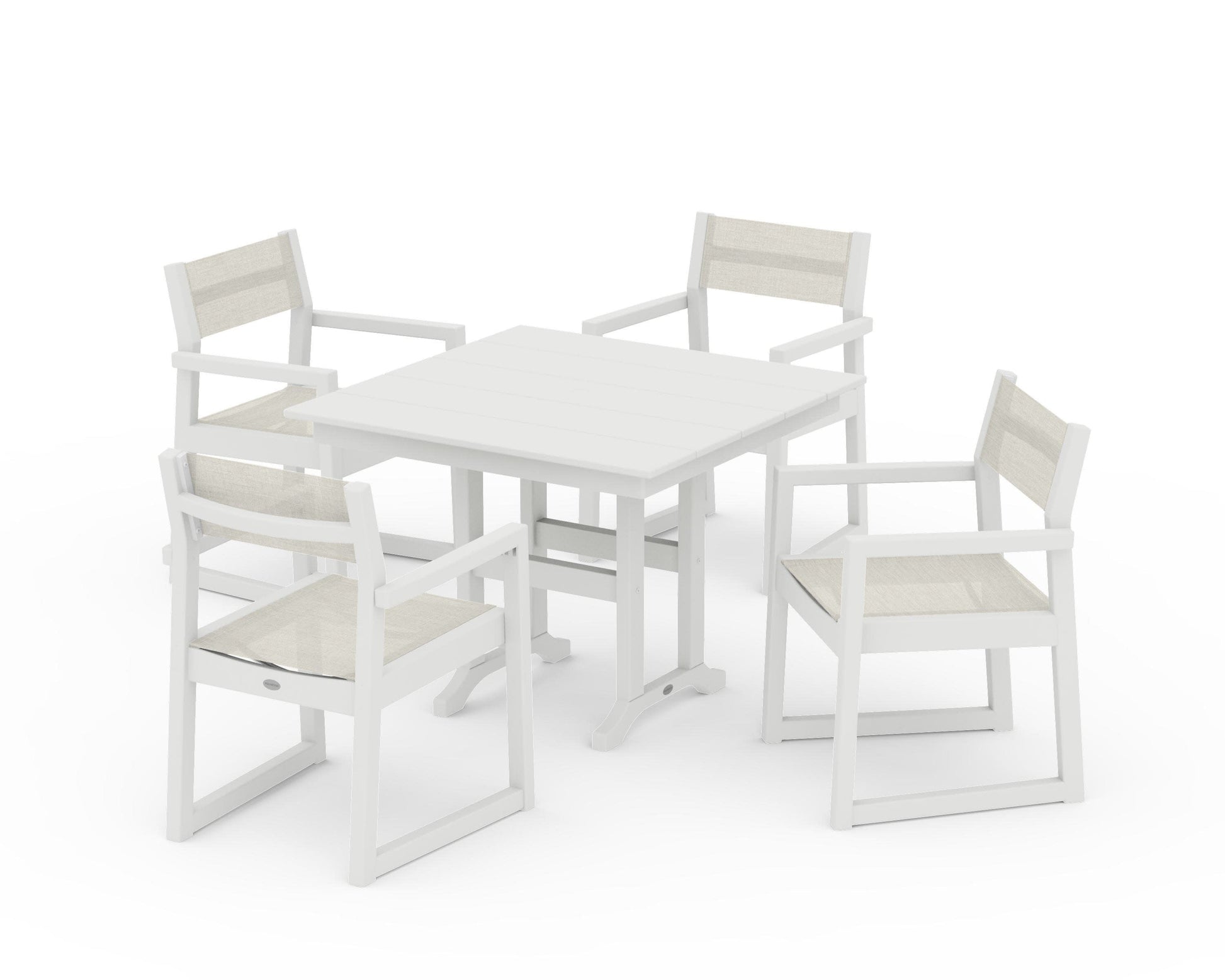 POLYWOOD EDGE Sling Arm Chair 5-Piece Farmhouse Dining Set — Vintage White / Parchment Sling