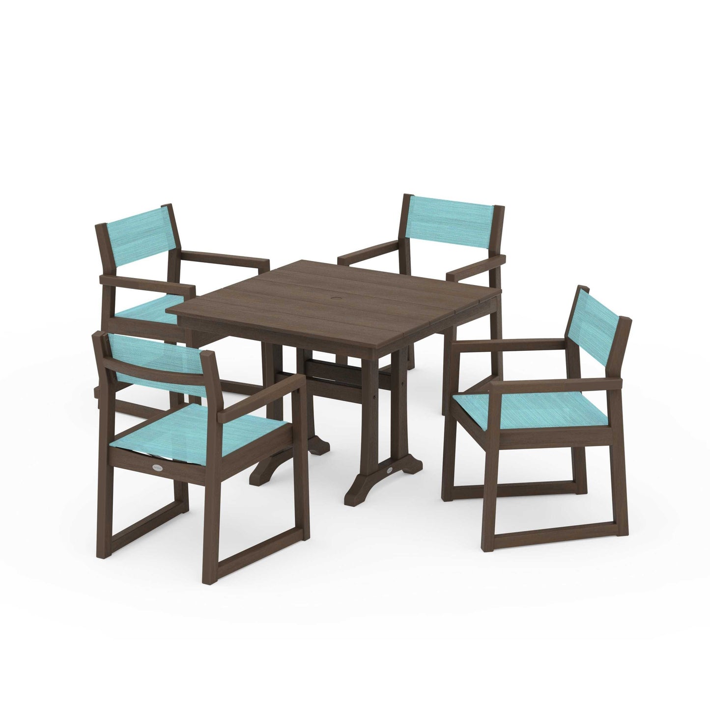 POLYWOOD EDGE Sling 5-Piece Farmhouse Dining Set with Trestle Legs — Kona / Dupioni Aquamarine Sling