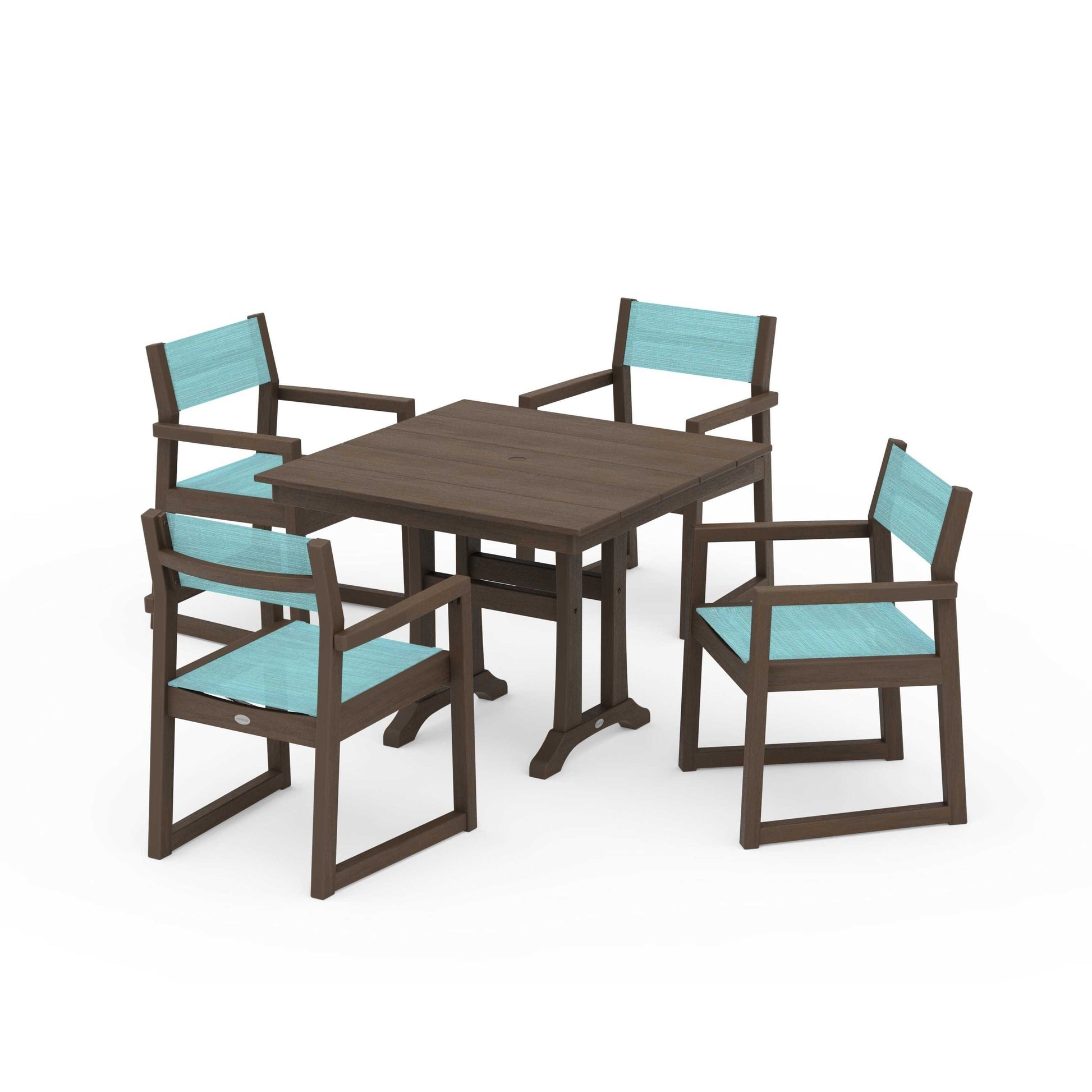 POLYWOOD EDGE Sling 5-Piece Farmhouse Dining Set with Trestle Legs — Kona / Dupioni Aquamarine Sling