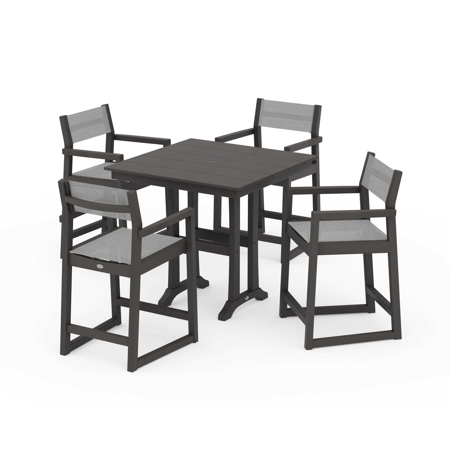 POLYWOOD EDGE Sling Arm Chair 5-Piece Farmhouse Counter Set with Trestle Legs — Vintage Coffee / Metallic Sling