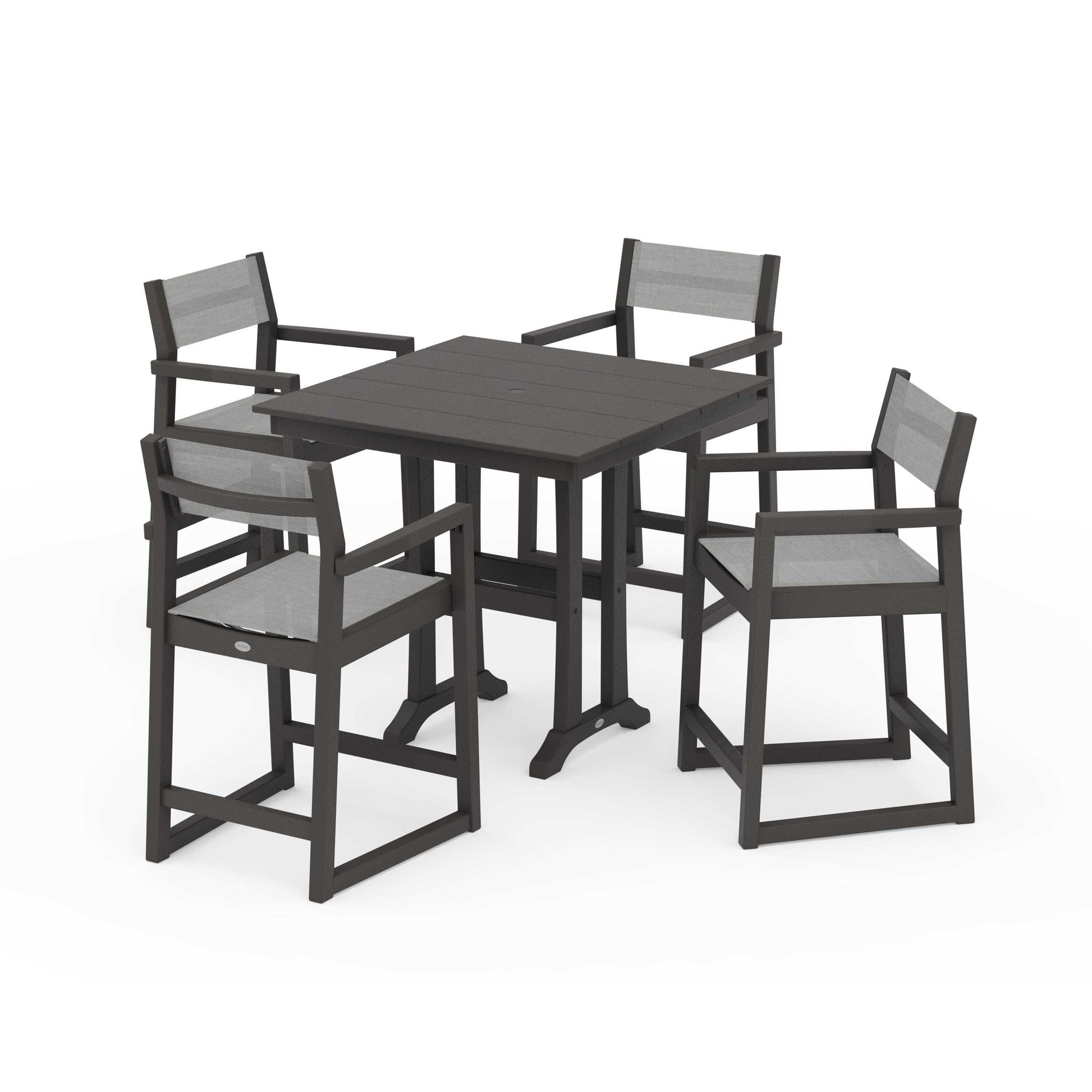 POLYWOOD EDGE Sling Arm Chair 5-Piece Farmhouse Counter Set with Trestle Legs — Vintage Coffee / Metallic Sling