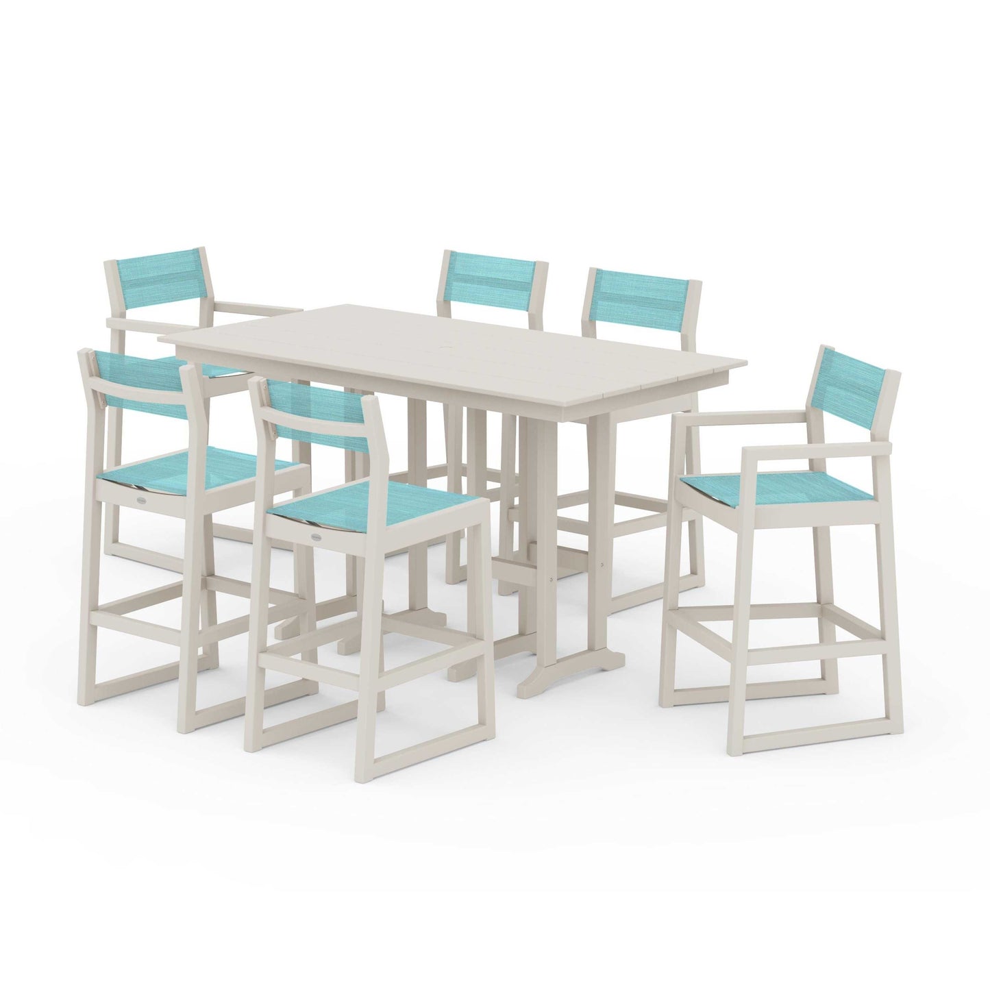 POLYWOOD EDGE Sling 7-Piece Farmhouse Bar Set — Sand / Dupioni Aquamarine Sling