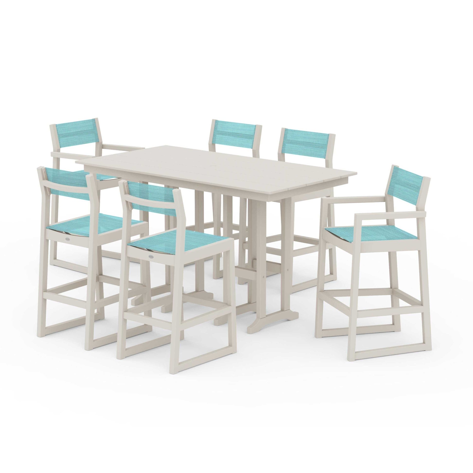 POLYWOOD EDGE Sling 7-Piece Farmhouse Bar Set — Sand / Dupioni Aquamarine Sling