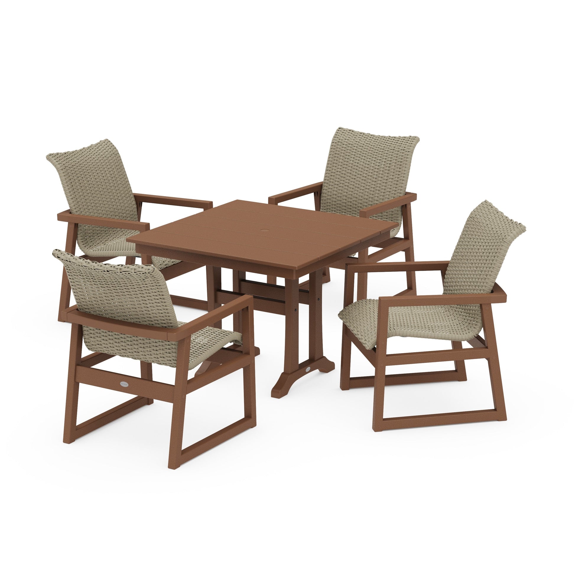 POLYWOOD EDGE Woven 5-Piece Farmhouse Dining Set with Trestle Legs — Teak / Dune Grass