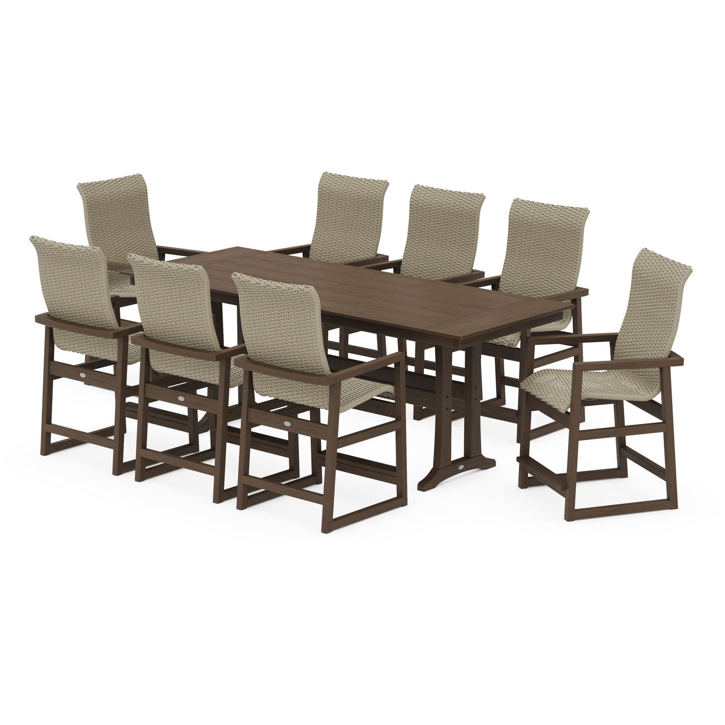 POLYWOOD EDGE Woven Highback 9-Piece Farmhouse Counter Set with Trestle Legs — Kona / Dune Grass