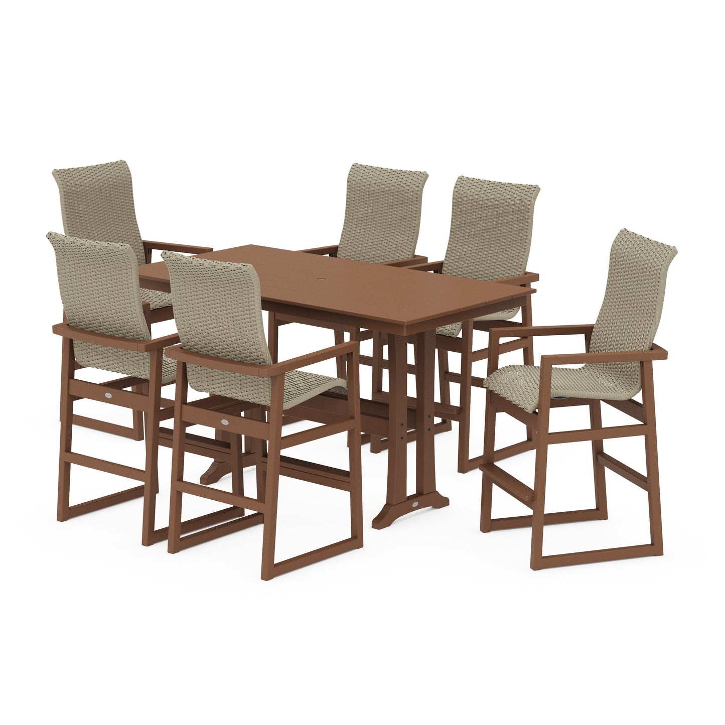 POLYWOOD EDGE Woven Highback Arm Chair 7-Piece Farmhouse Bar Set with Trestle Legs — Teak / Dune Grass