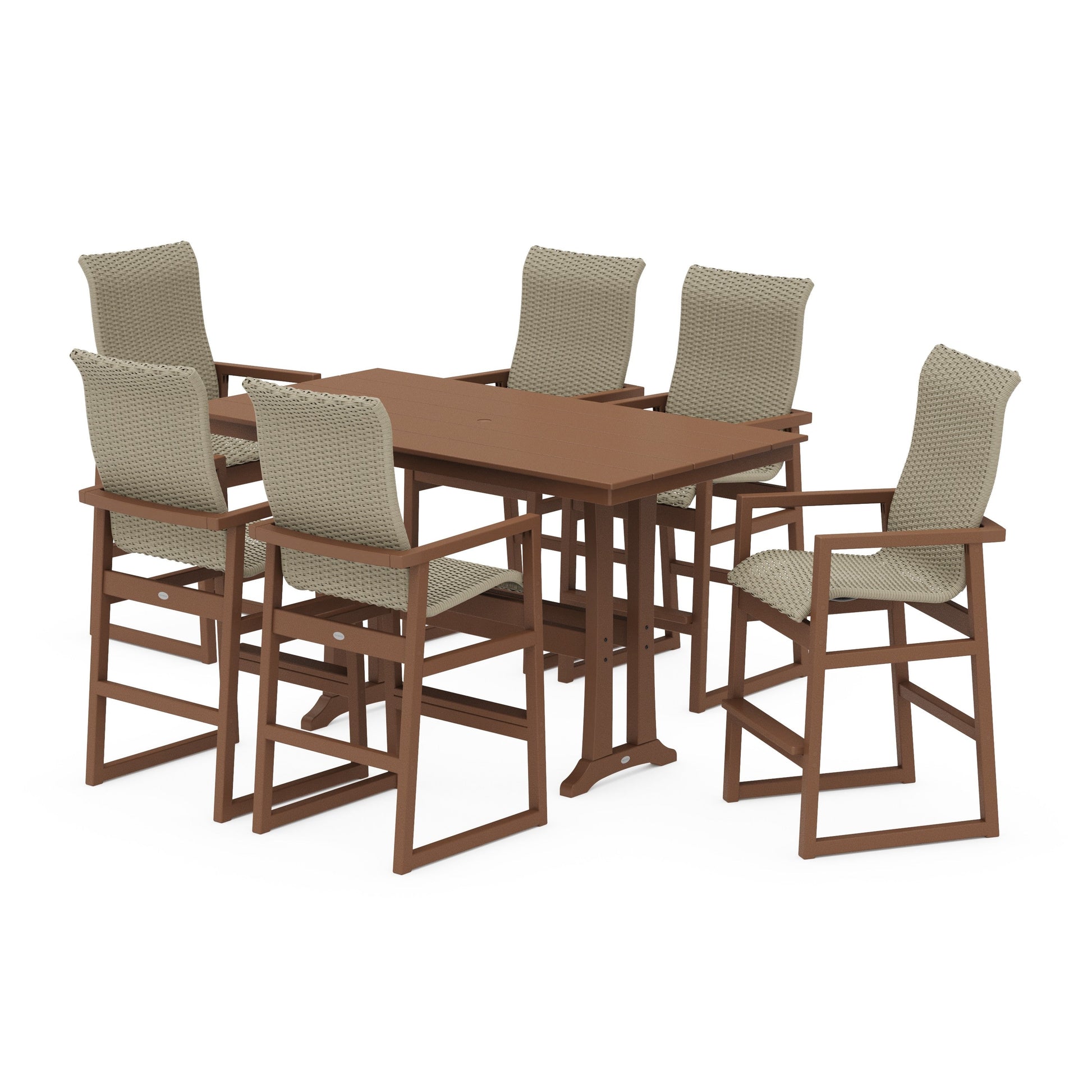 POLYWOOD EDGE Woven Highback Arm Chair 7-Piece Farmhouse Bar Set with Trestle Legs — Teak / Dune Grass