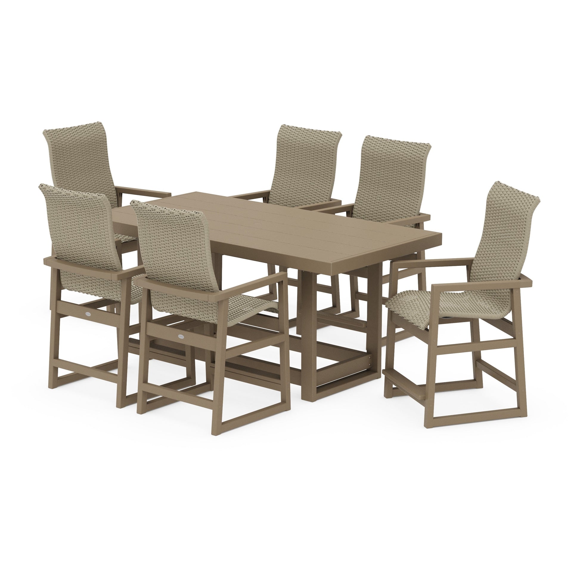 POLYWOOD EDGE Woven Highback Arm Chair 7-Piece Counter Set — Vintage Sahara / Dune Grass
