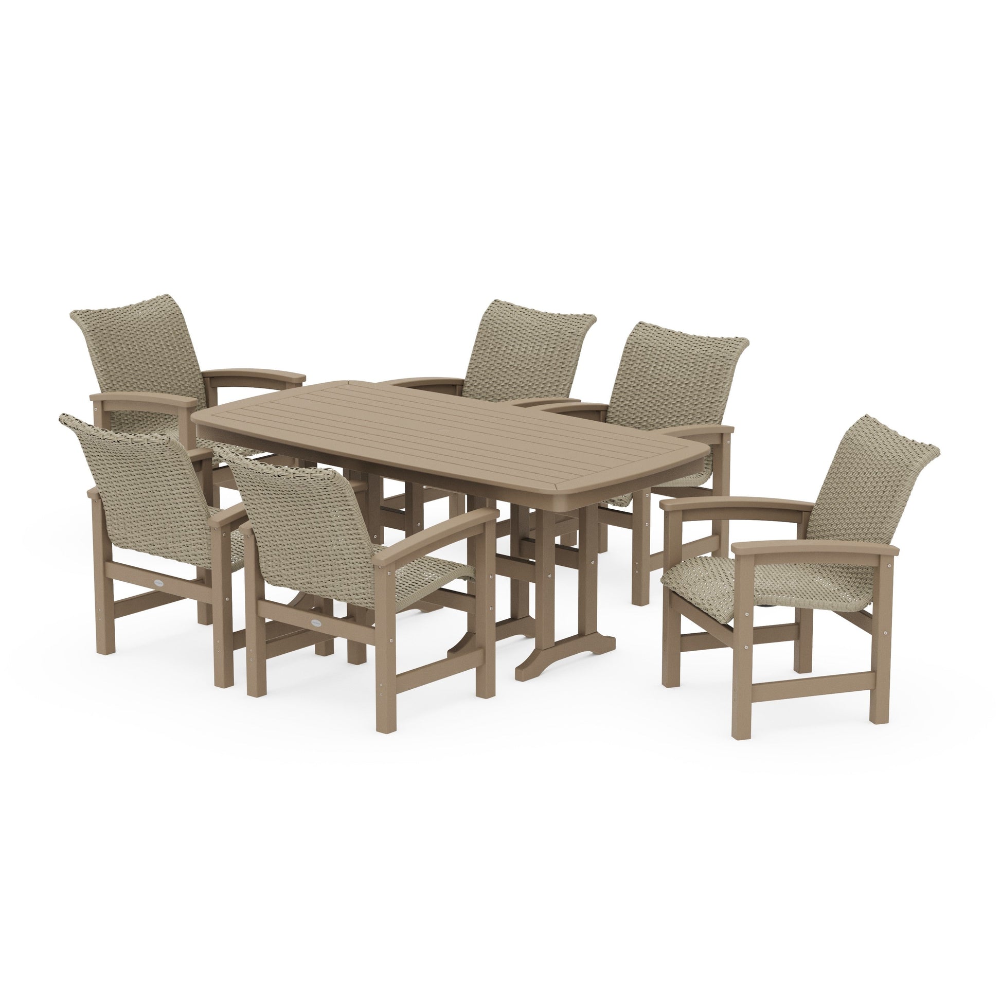 POLYWOOD Coastal Woven Arm Chair 7-Piece Dining Set — Vintage Sahara / Dune Grass