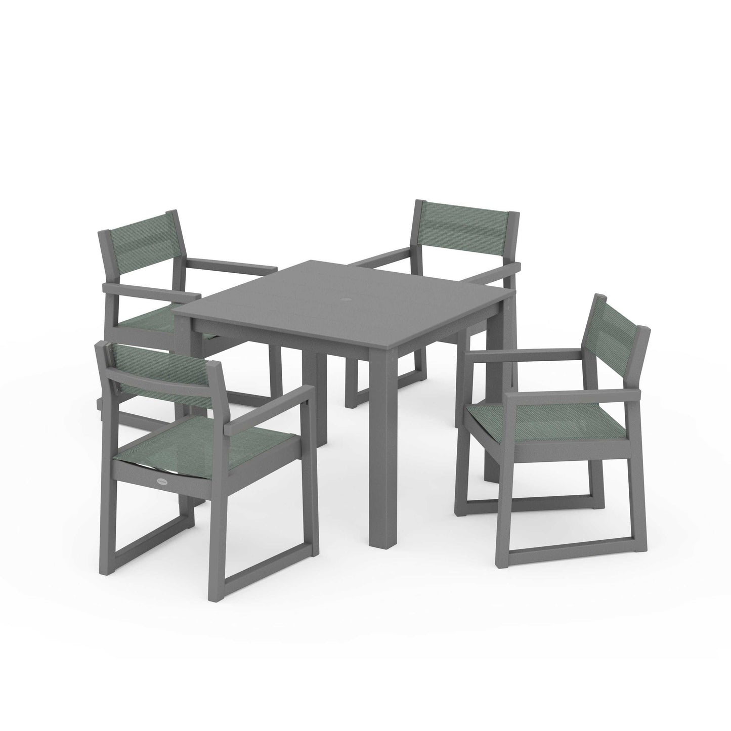 POLYWOOD EDGE Sling Arm Chair 5-Piece Parsons Dining Set — Slate Grey / Dupioni Sea Mist Sling