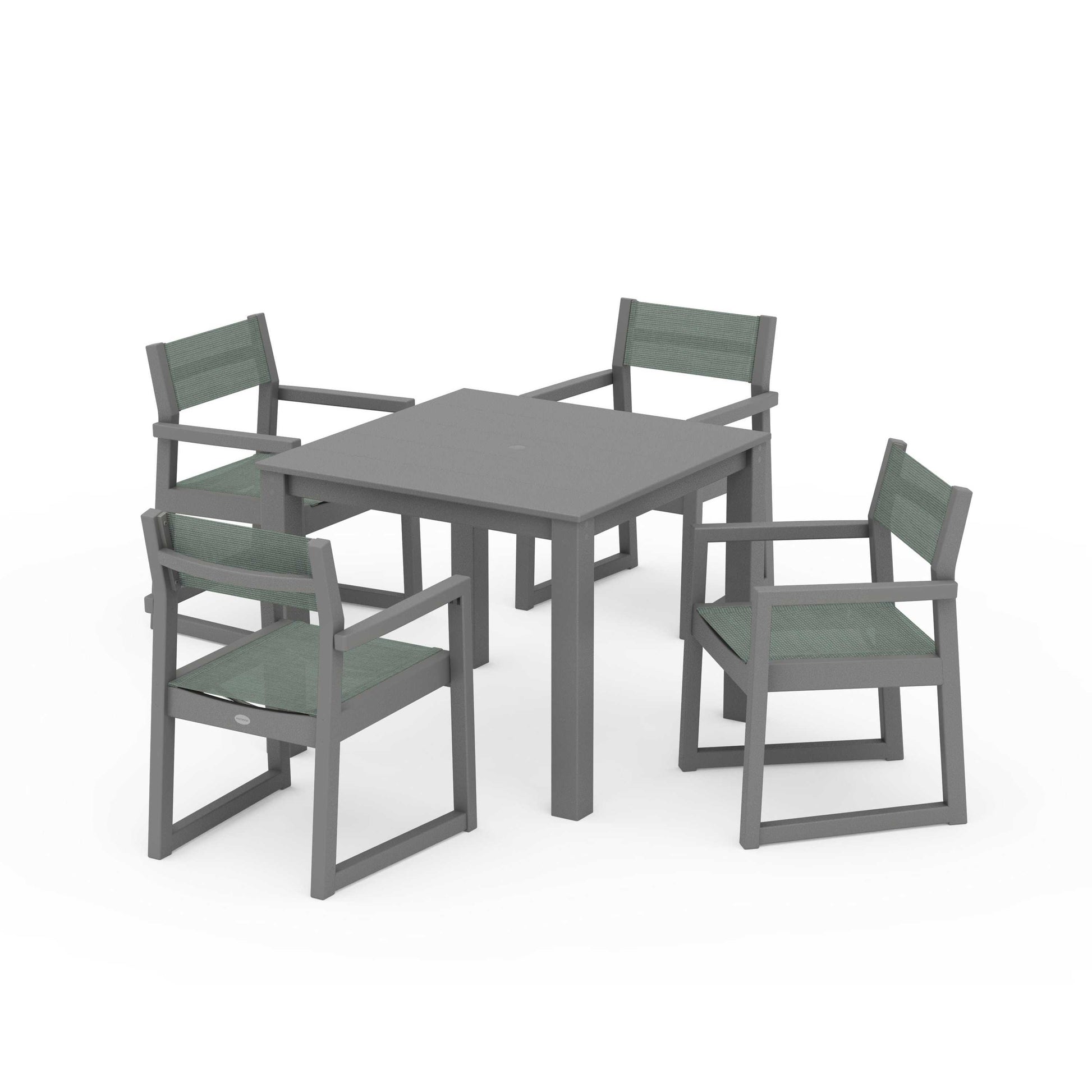 POLYWOOD EDGE Sling Arm Chair 5-Piece Parsons Dining Set — Slate Grey / Dupioni Sea Mist Sling