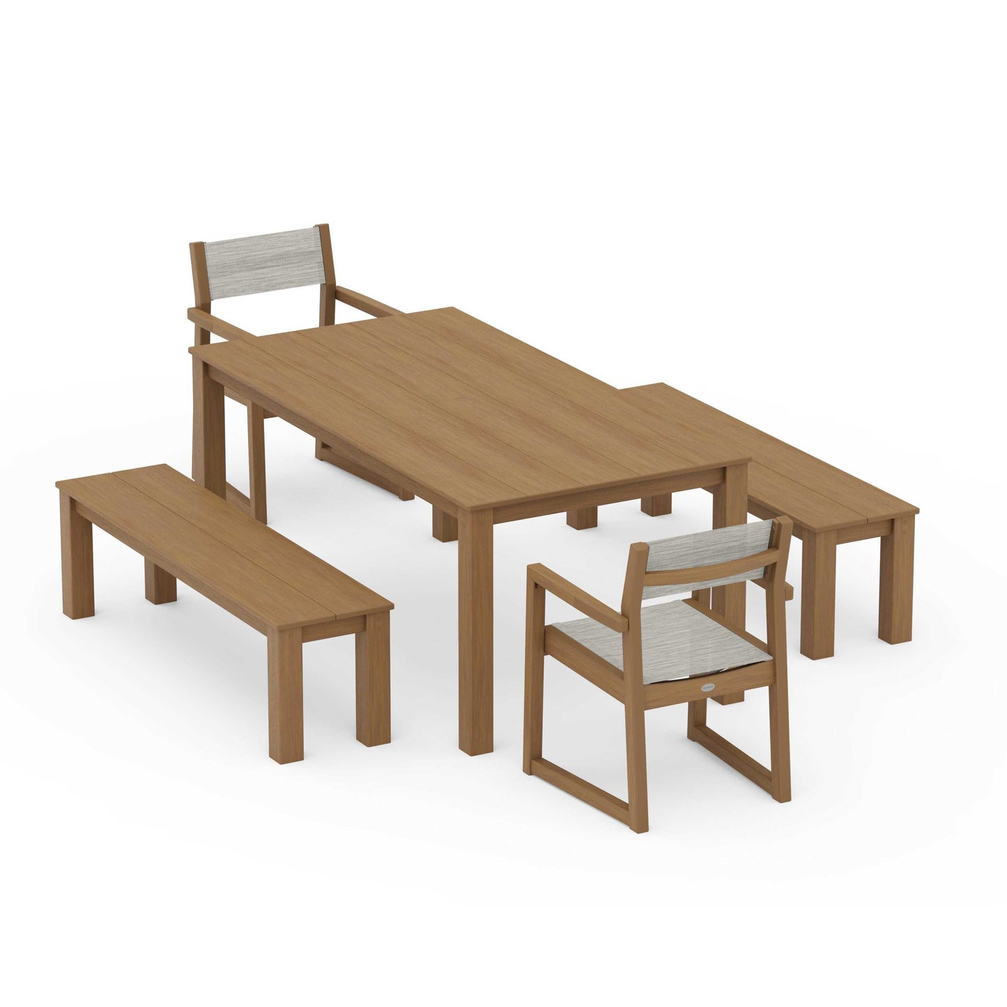 POLYWOOD EDGE Sling Arm Chair 5-Piece Parsons Dining Set with Benches — Natural / Birch Sling