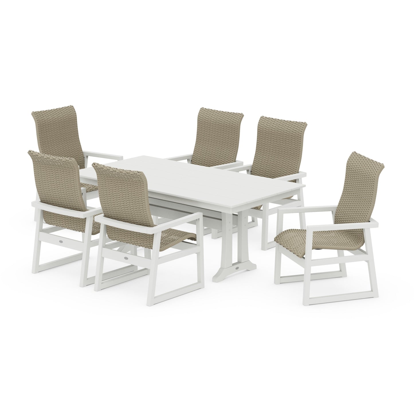 POLYWOOD EDGE Woven Highback Arm Chair 7-Piece Farmhouse Dining Set with Trestle Legs — White / Dune Grass