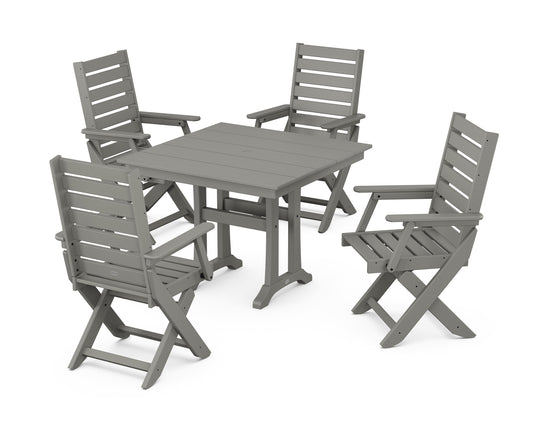 POLYWOOD Captain Folding Chair 5-Piece Farmhouse Dining Set With Trestle Legs — Slate Grey