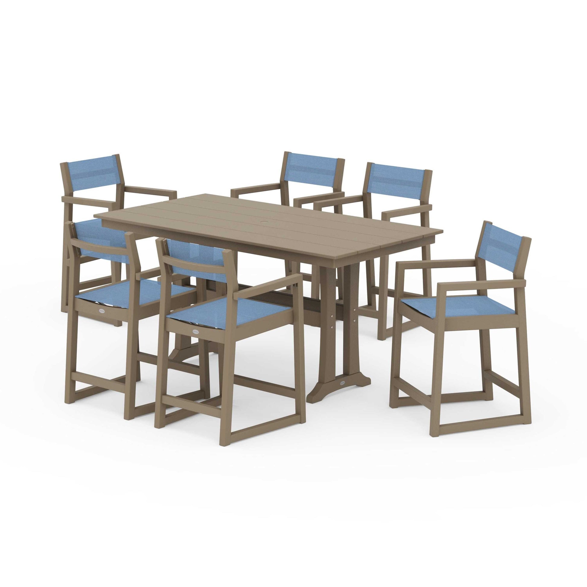 POLYWOOD EDGE Sling Arm Chair 7-Piece Farmhouse Counter Set with Trestle Legs — Vintage Sahara / Poolside Sling