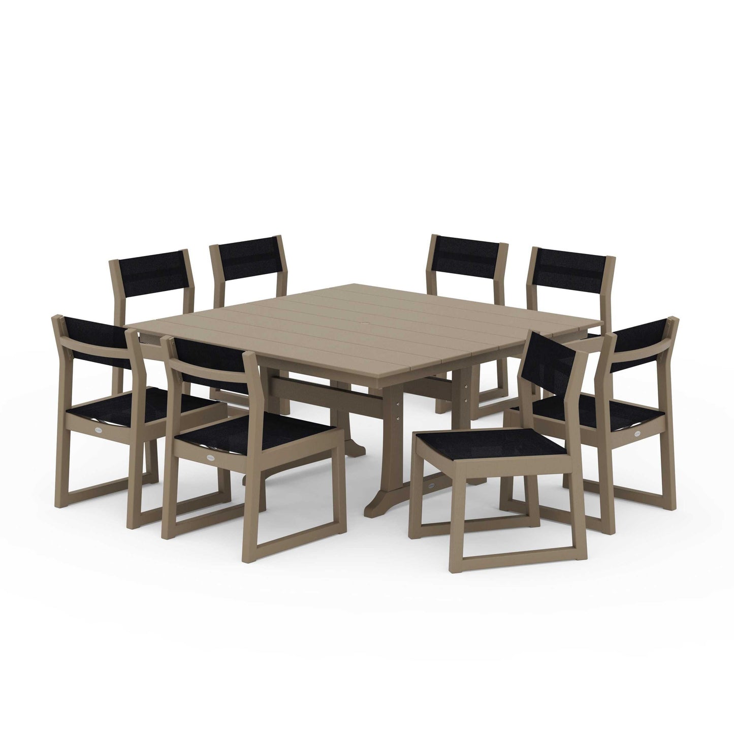 POLYWOOD EDGE Sling Side Chair 9-Piece Farmhouse Trestle Dining Set — Vintage Sahara / Black Sling
