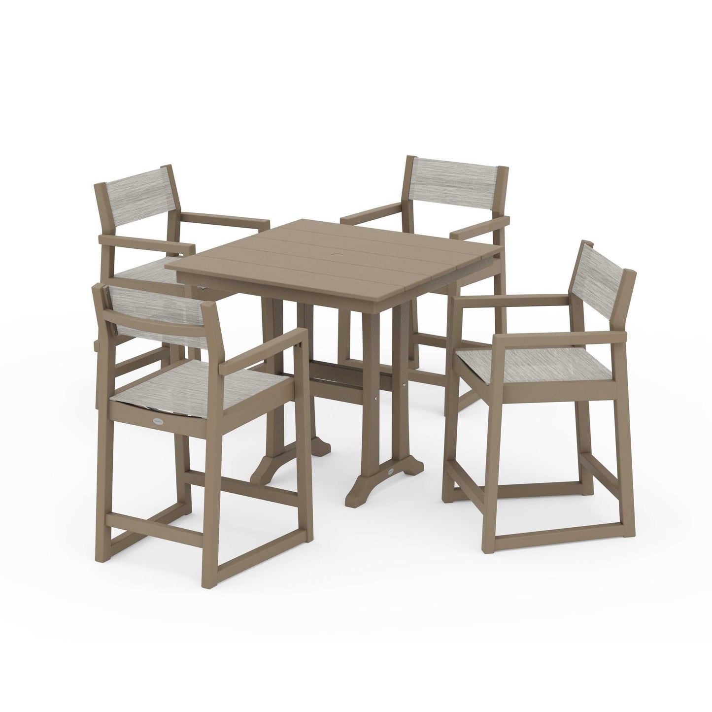 POLYWOOD EDGE Sling Arm Chair 5-Piece Farmhouse Counter Set with Trestle Legs — Vintage Sahara / Birch Sling