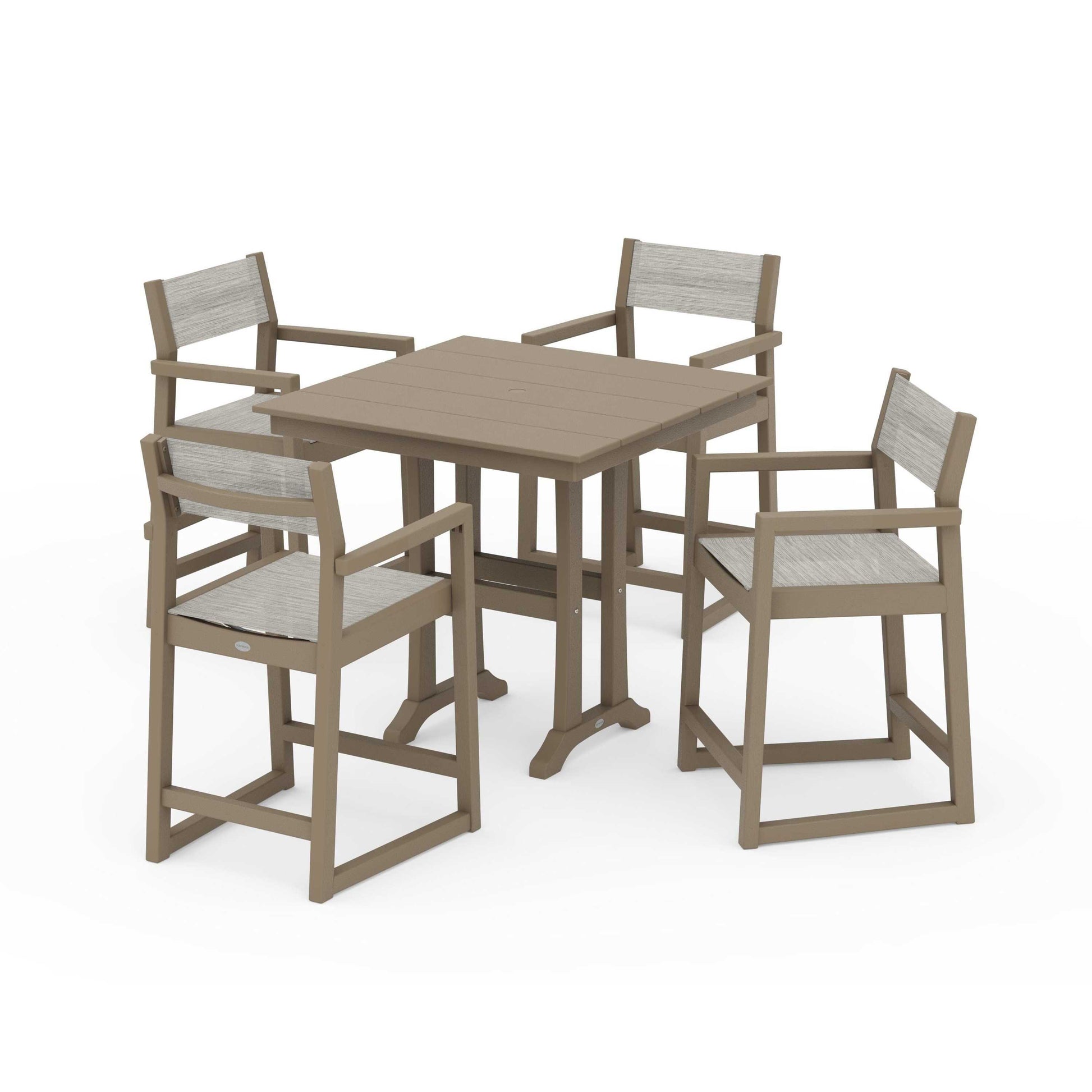 POLYWOOD EDGE Sling Arm Chair 5-Piece Farmhouse Counter Set with Trestle Legs — Vintage Sahara / Birch Sling