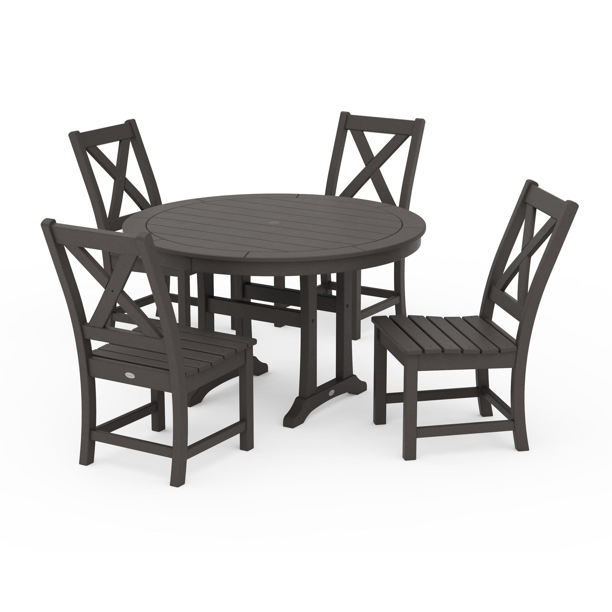POLYWOOD Braxton Side Chair 5-Piece Round Dining Set With Trestle Legs — Vintage Coffee