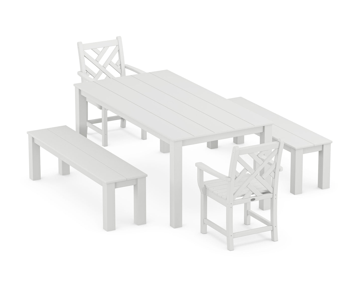 POLYWOOD Chippendale 5-Piece Parsons Dining Set with Benches — White