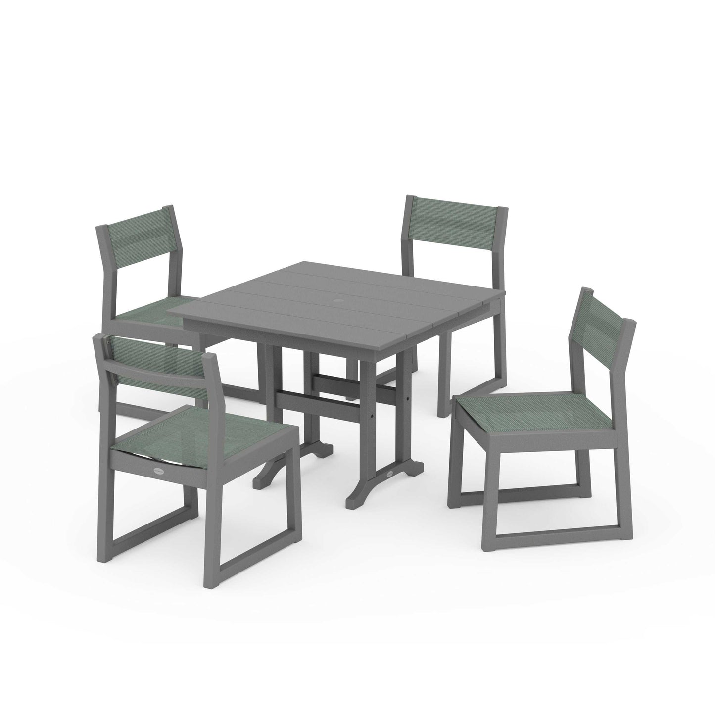 POLYWOOD EDGE Sling Side Chair 5-Piece Farmhouse Dining Set — Slate Grey / Dupioni Sea Mist Sling
