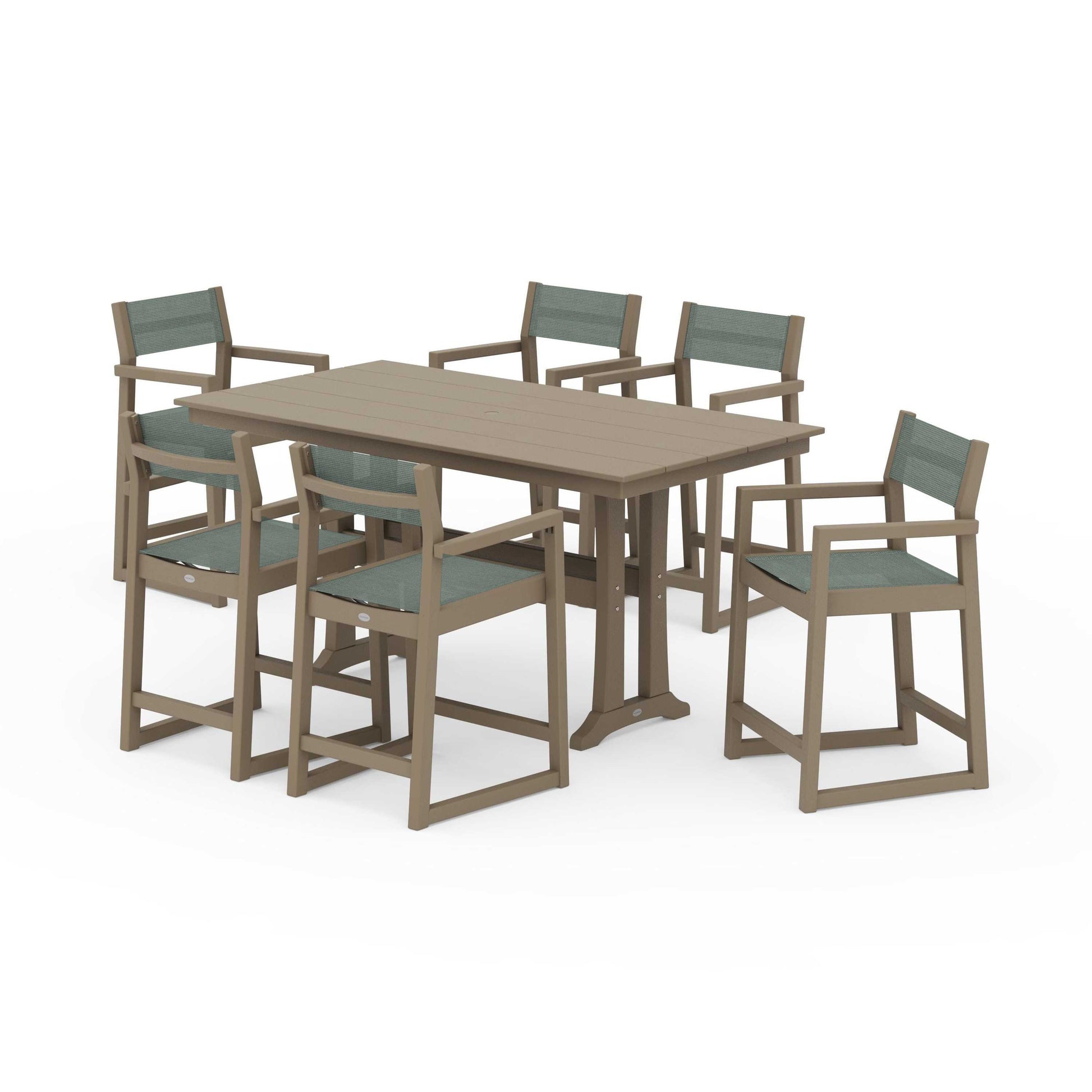 POLYWOOD EDGE Sling Arm Chair 7-Piece Farmhouse Counter Set with Trestle Legs — Vintage Sahara / Dupioni Sea Mist Sling