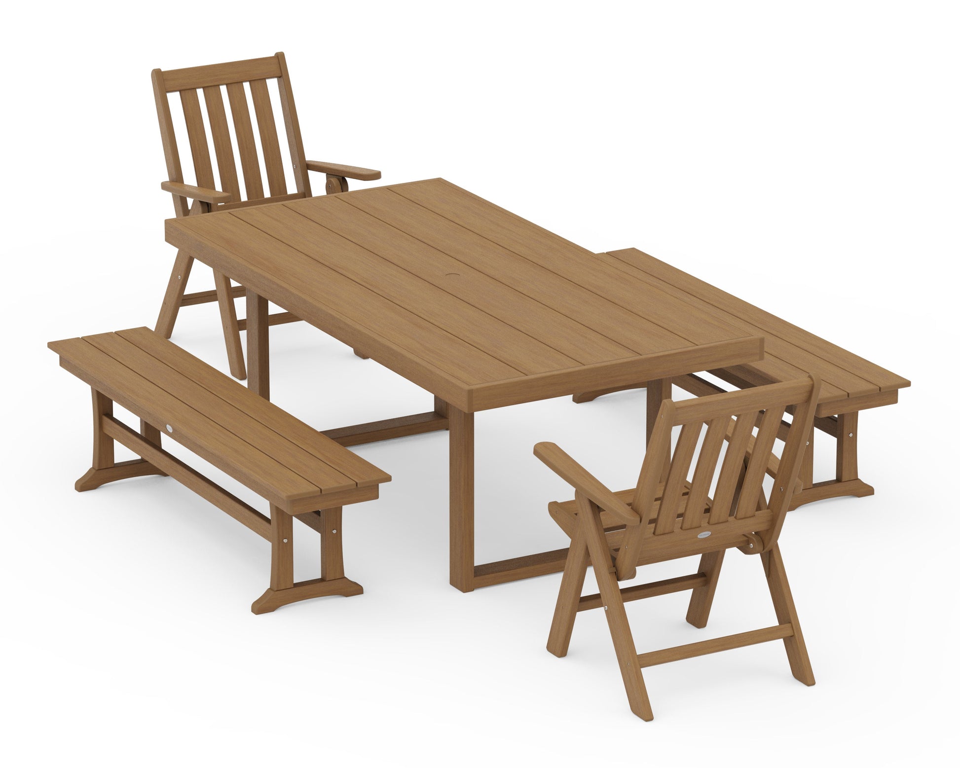 POLYWOOD Vineyard Folding Chair 5-Piece Dining Set with Benches — Natural