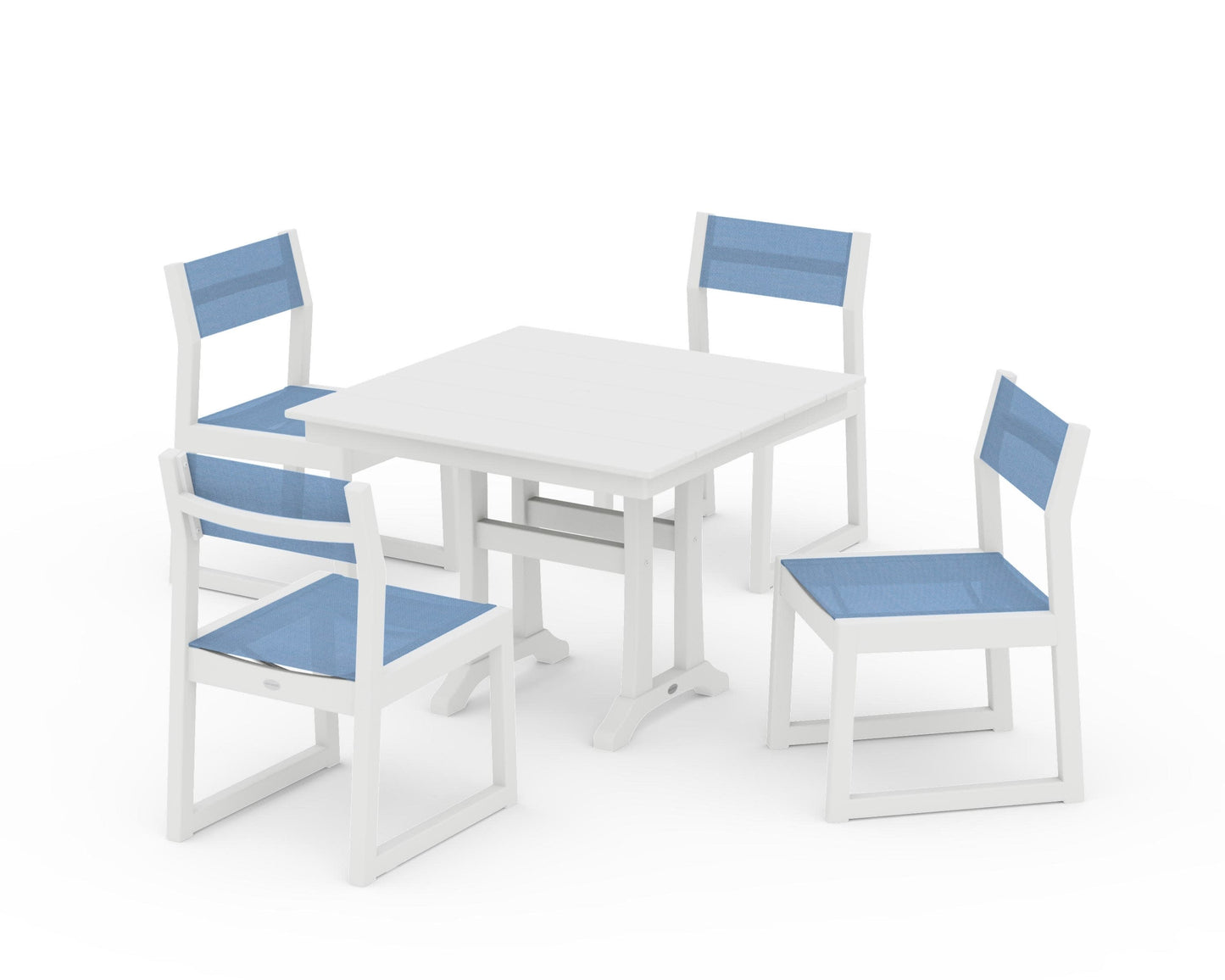 POLYWOOD EDGE Sling 5-Piece Farmhouse Trestle Side Chair Dining Set — White / Poolside Sling