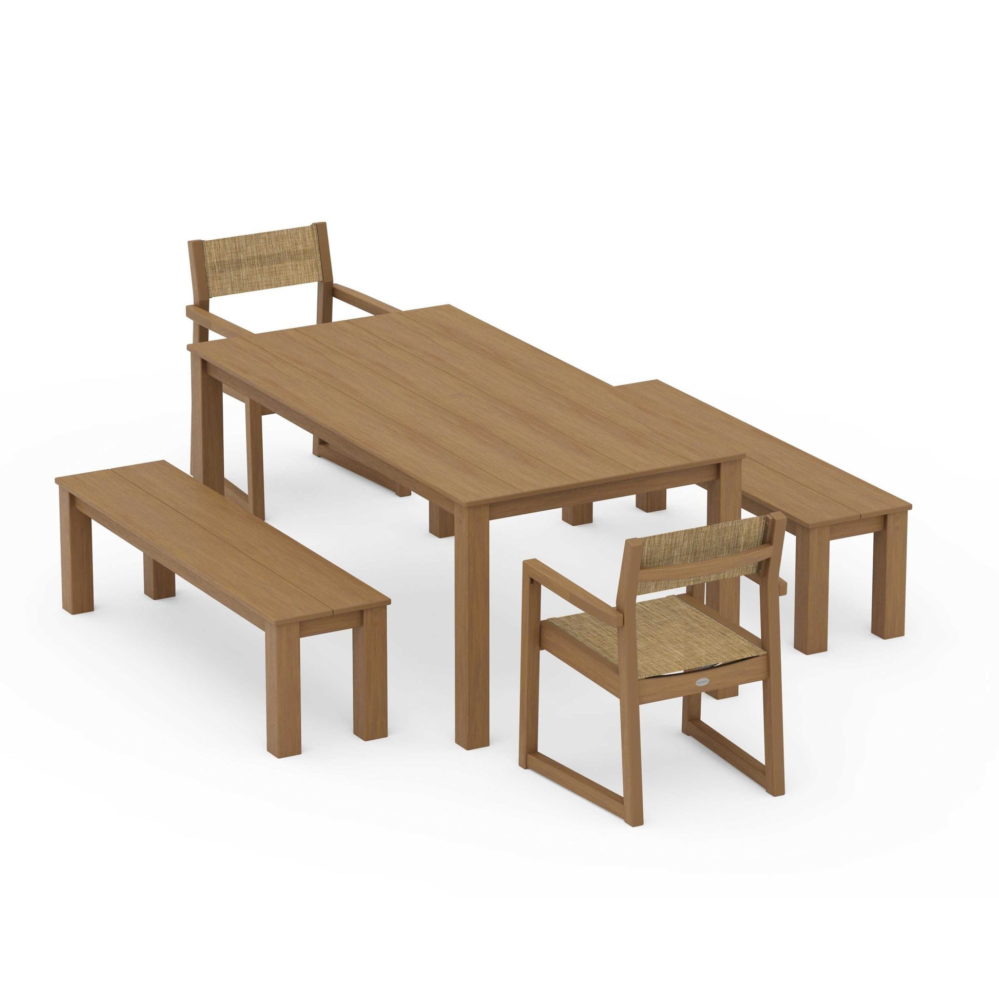 POLYWOOD EDGE Sling Arm Chair 5-Piece Parsons Dining Set with Benches — Natural / Burlap Sling