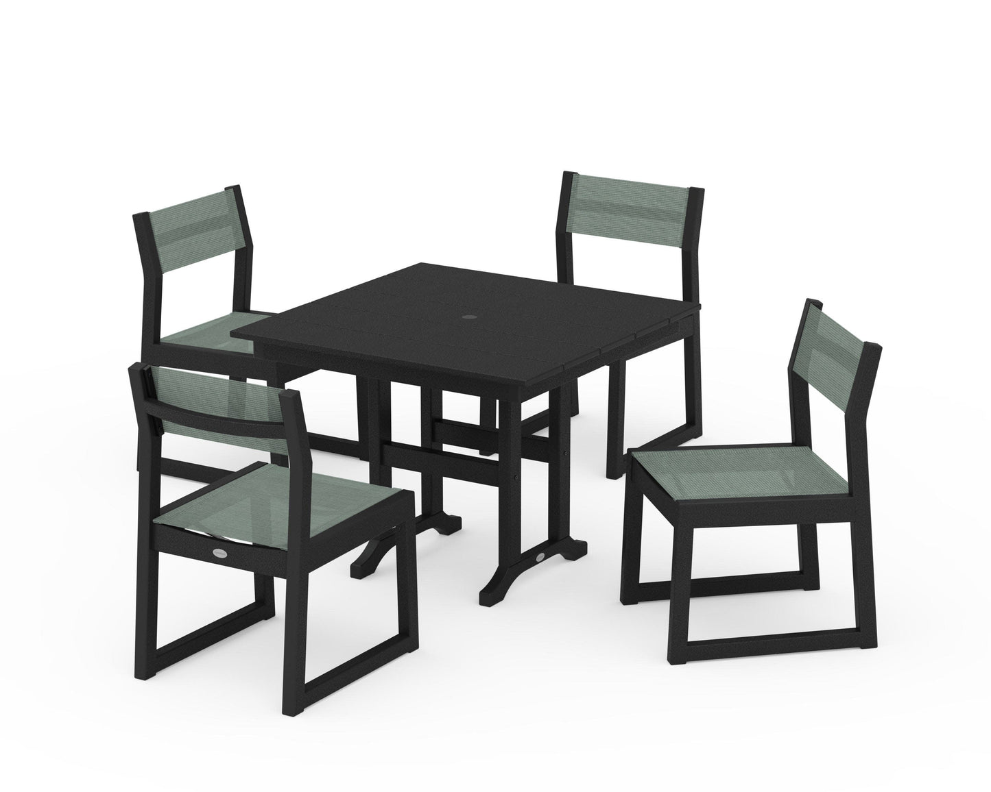 POLYWOOD EDGE Sling Side Chair 5-Piece Farmhouse Dining Set — Black / Dupioni Sea Mist Sling