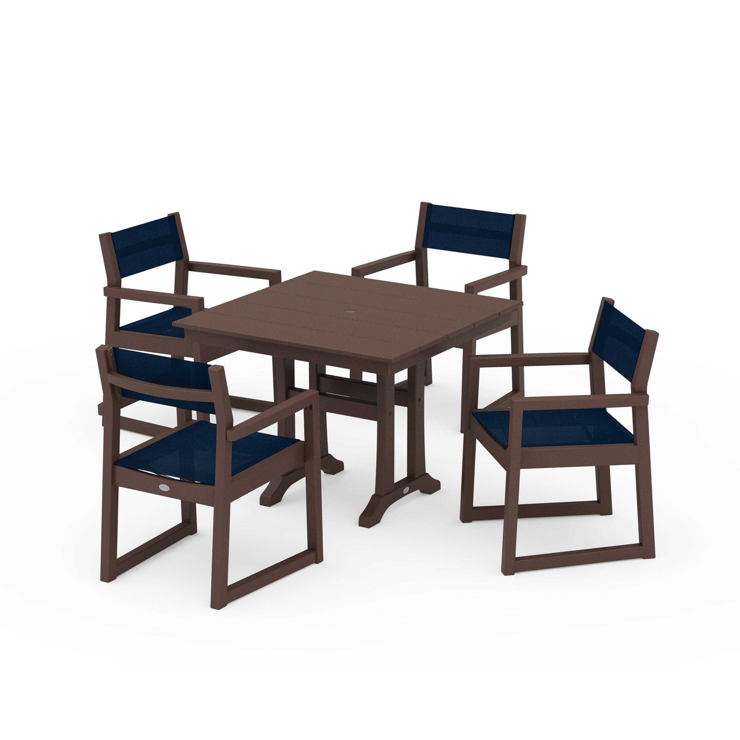 POLYWOOD EDGE Sling 5-Piece Farmhouse Dining Set with Trestle Legs — Mahogany / Navy Blue Sling