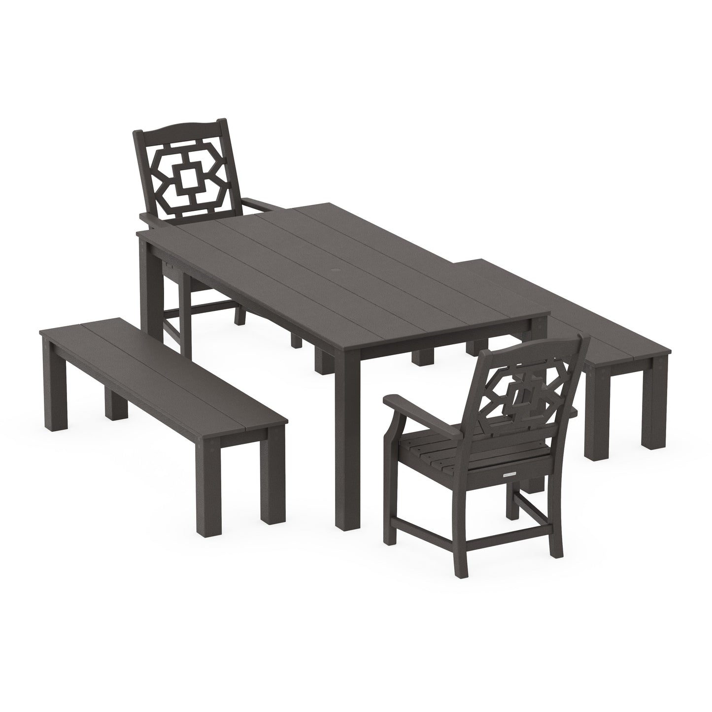 POLYWOOD Chinoiserie 5-Piece Parsons Dining Set with Benches — Vintage Coffee