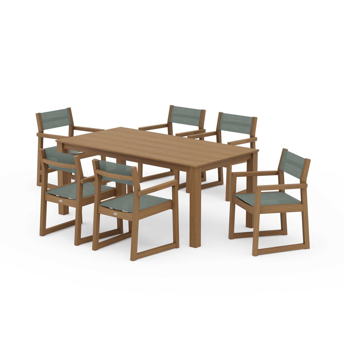 POLYWOOD EDGE Sling Arm Chair 7-Piece Parsons Dining Set — Natural / Dupioni Sea Mist Sling