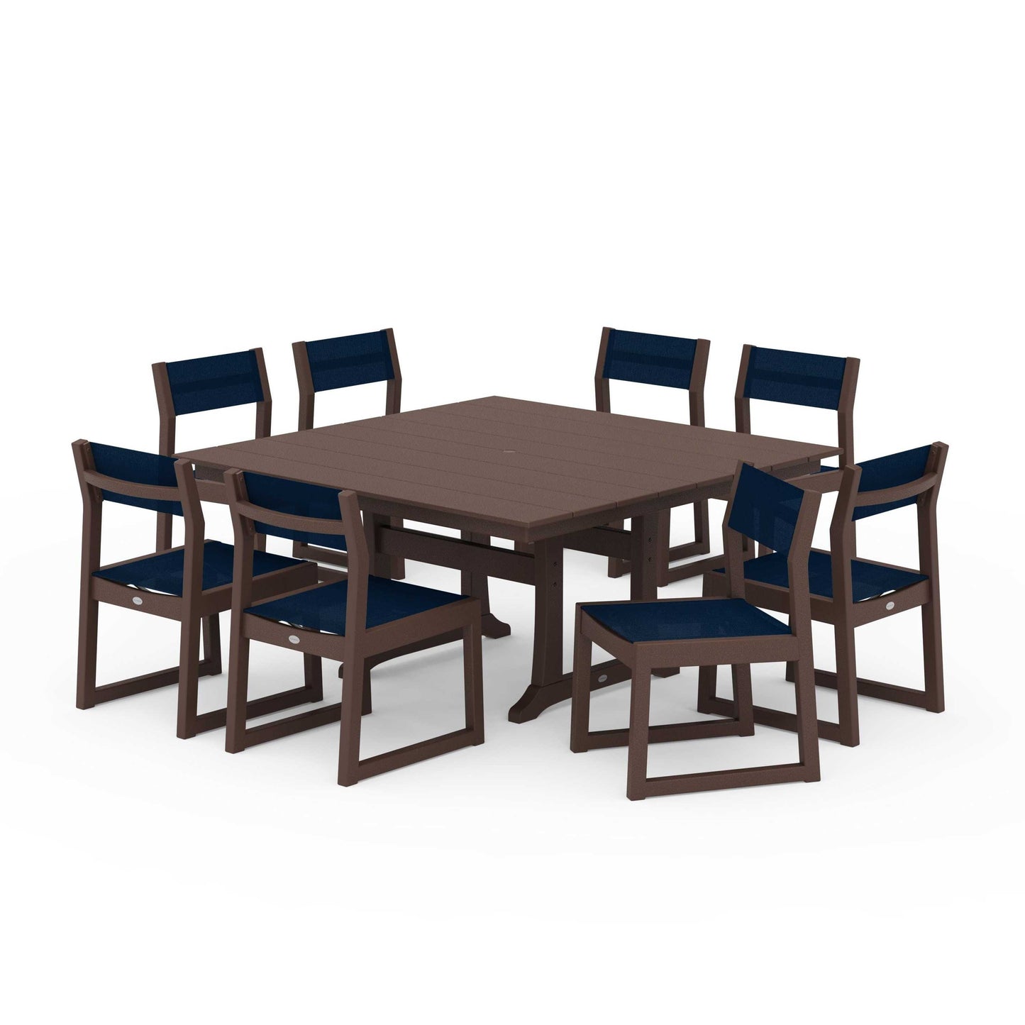 POLYWOOD EDGE Sling Side Chair 9-Piece Farmhouse Trestle Dining Set — Mahogany / Navy Blue Sling