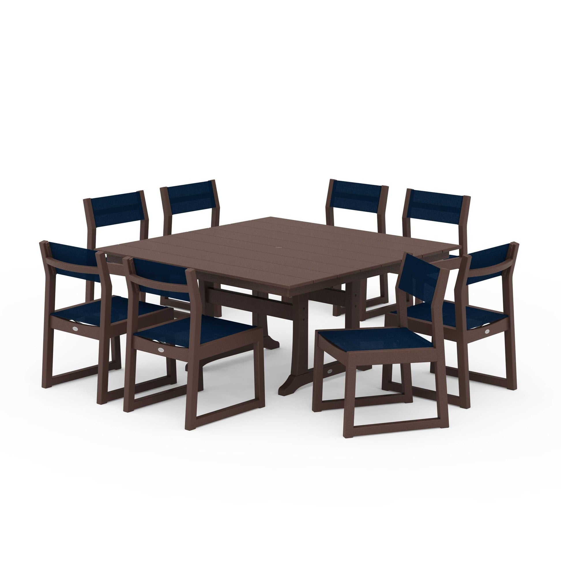 POLYWOOD EDGE Sling Side Chair 9-Piece Farmhouse Trestle Dining Set — Mahogany / Navy Blue Sling