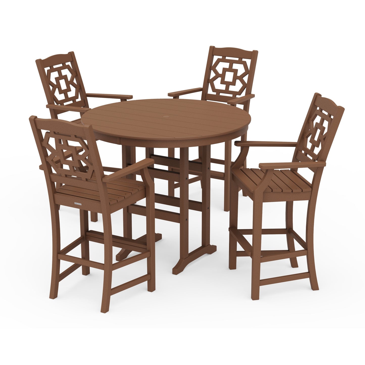 POLYWOOD Chinoiserie 5-Piece Round Farmhouse Bar Set — Teak