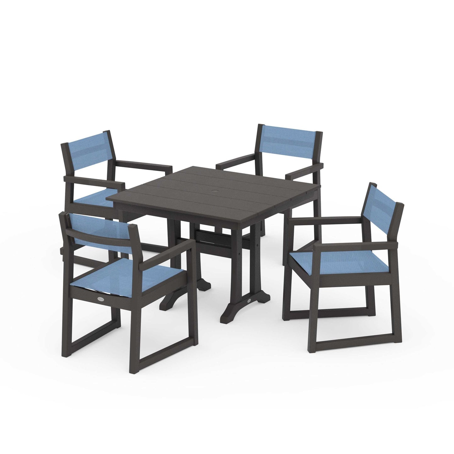POLYWOOD EDGE Sling 5-Piece Farmhouse Dining Set with Trestle Legs — Vintage Coffee / Poolside Sling