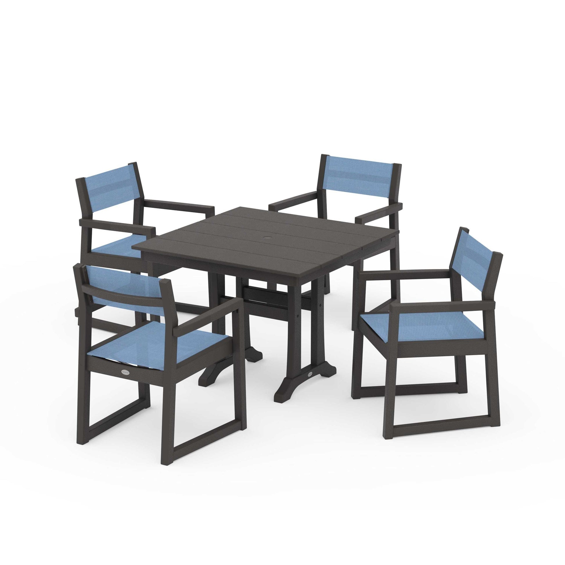 POLYWOOD EDGE Sling 5-Piece Farmhouse Dining Set with Trestle Legs — Vintage Coffee / Poolside Sling