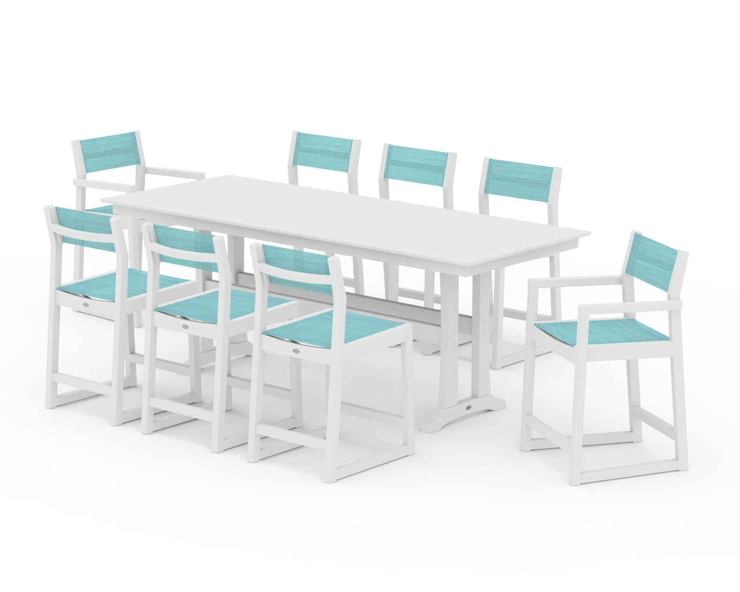 POLYWOOD EDGE Sling 9-Piece Farmhouse Counter Set with Trestle Legs — White / Dupioni Aquamarine Sling