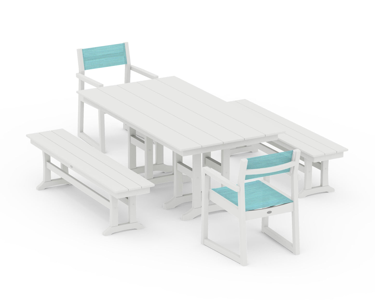 POLYWOOD EDGE Sling Arm Chair 5-Piece Farmhouse Dining Set with Benches — Vintage White / Dupioni Aquamarine Sling