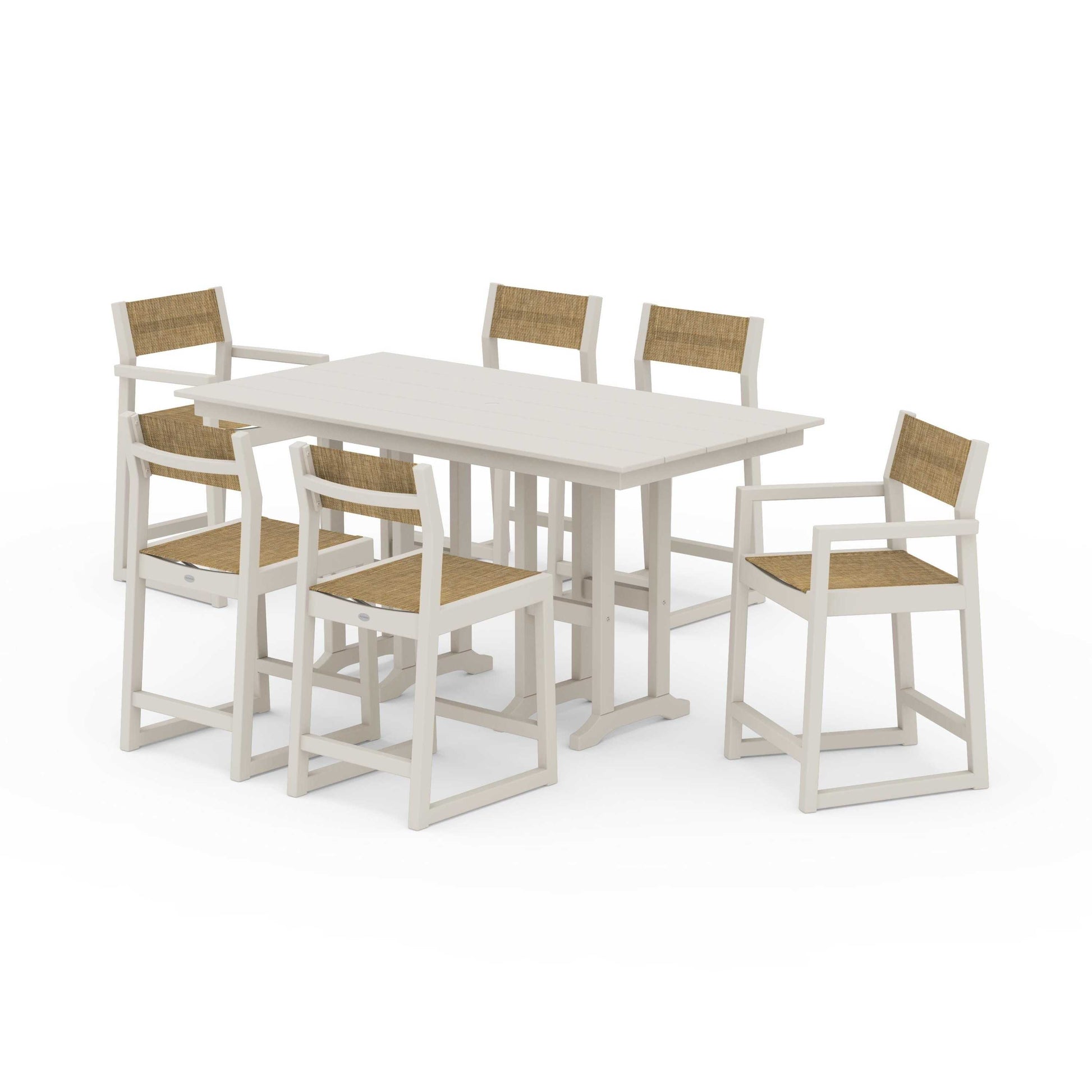 POLYWOOD EDGE Sling 7-Piece Farmhouse Counter Set with Trestle Legs — Sand / Burlap Sling