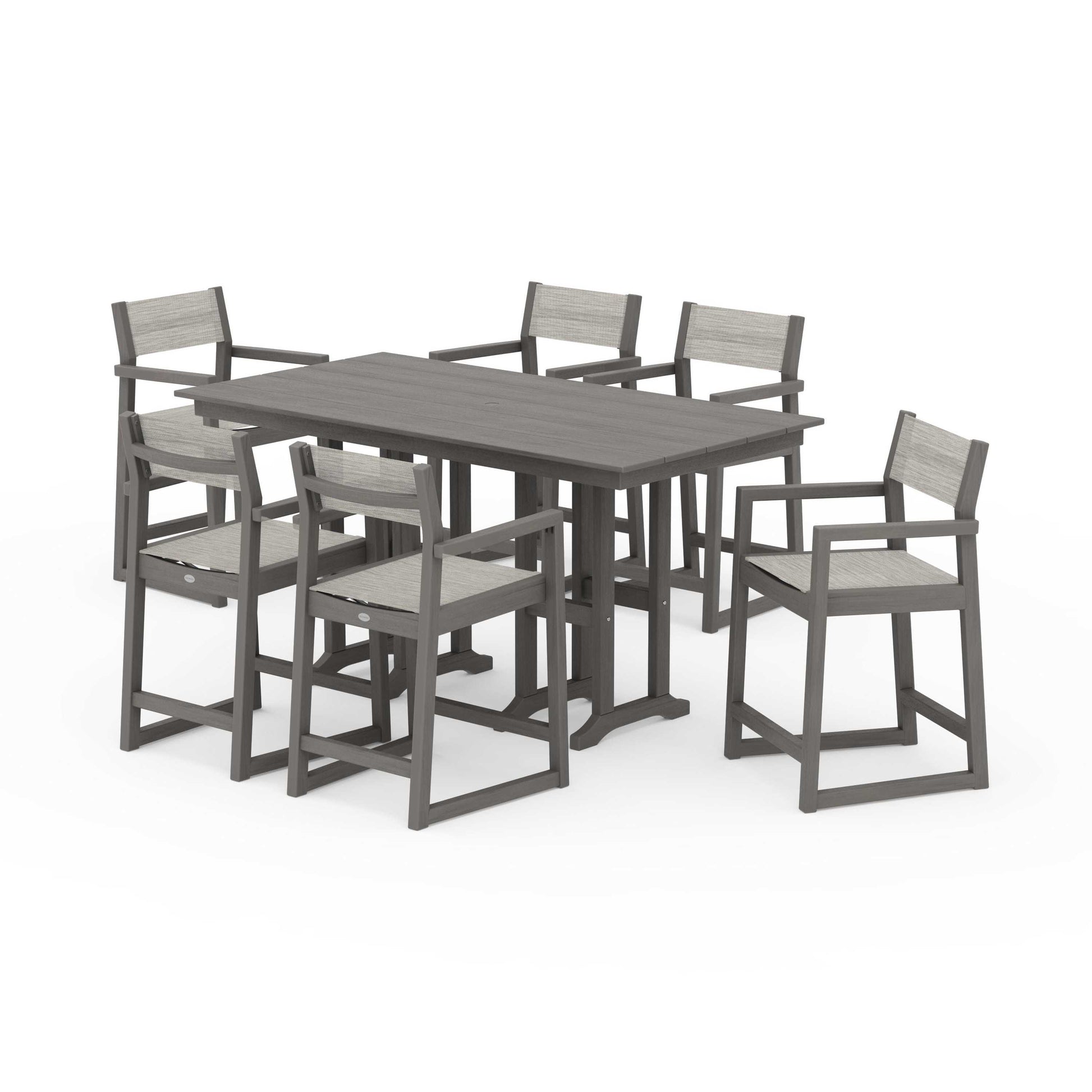 POLYWOOD EDGE Sling Arm Chair 7-Piece Farmhouse Counter Set — Driftwood / Birch Sling