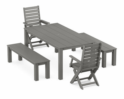 POLYWOOD Captain Folding Chair 5-Piece Parsons Dining Set with Benches — Slate Grey