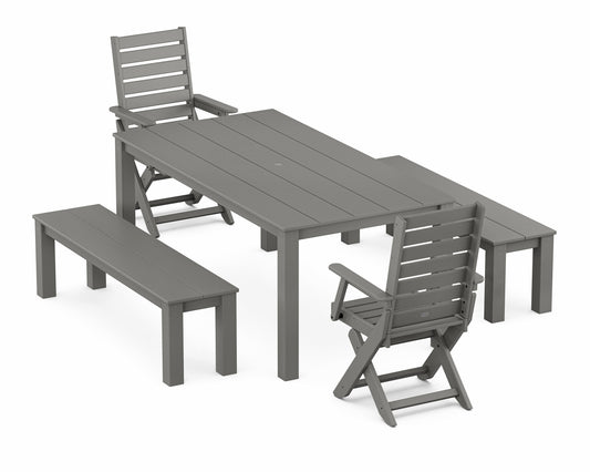 POLYWOOD Captain Folding Chair 5-Piece Parsons Dining Set with Benches — Slate Grey