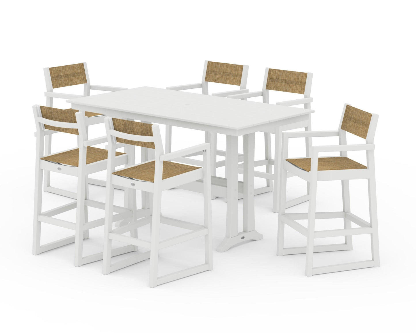 POLYWOOD EDGE Sling Arm Chair 7-Piece Farmhouse Bar Set with Trestle Legs — Vintage White / Burlap Sling