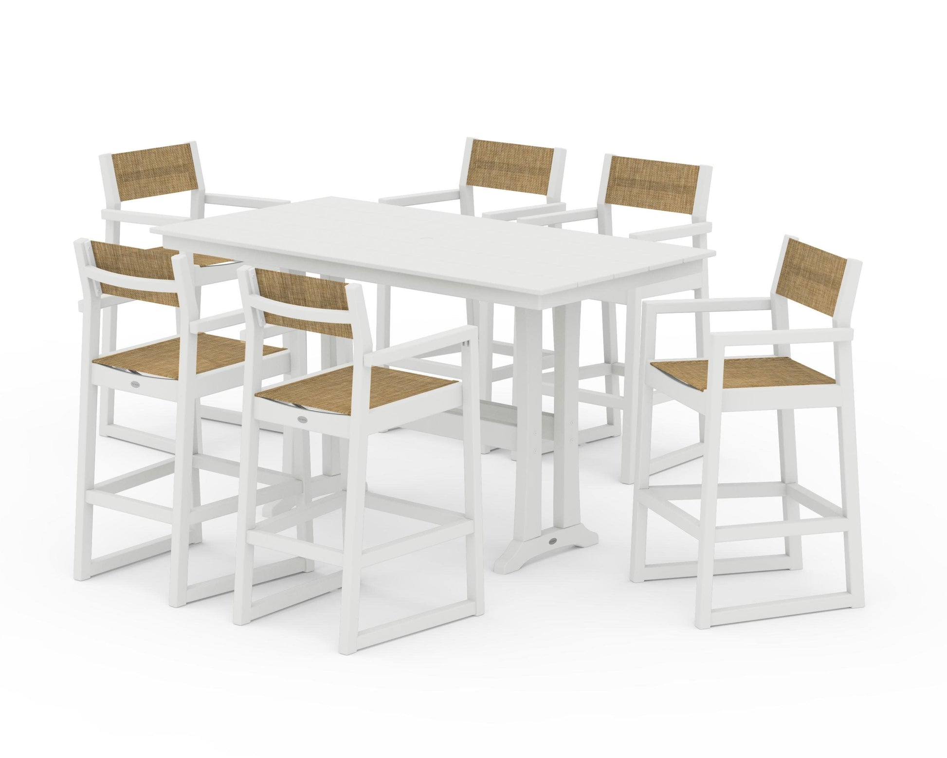 POLYWOOD EDGE Sling Arm Chair 7-Piece Farmhouse Bar Set with Trestle Legs — Vintage White / Burlap Sling