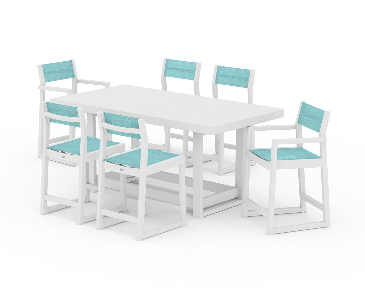 POLYWOOD EDGE Sling 7-Piece Counter Table Set — White / Dupioni Aquamarine Sling