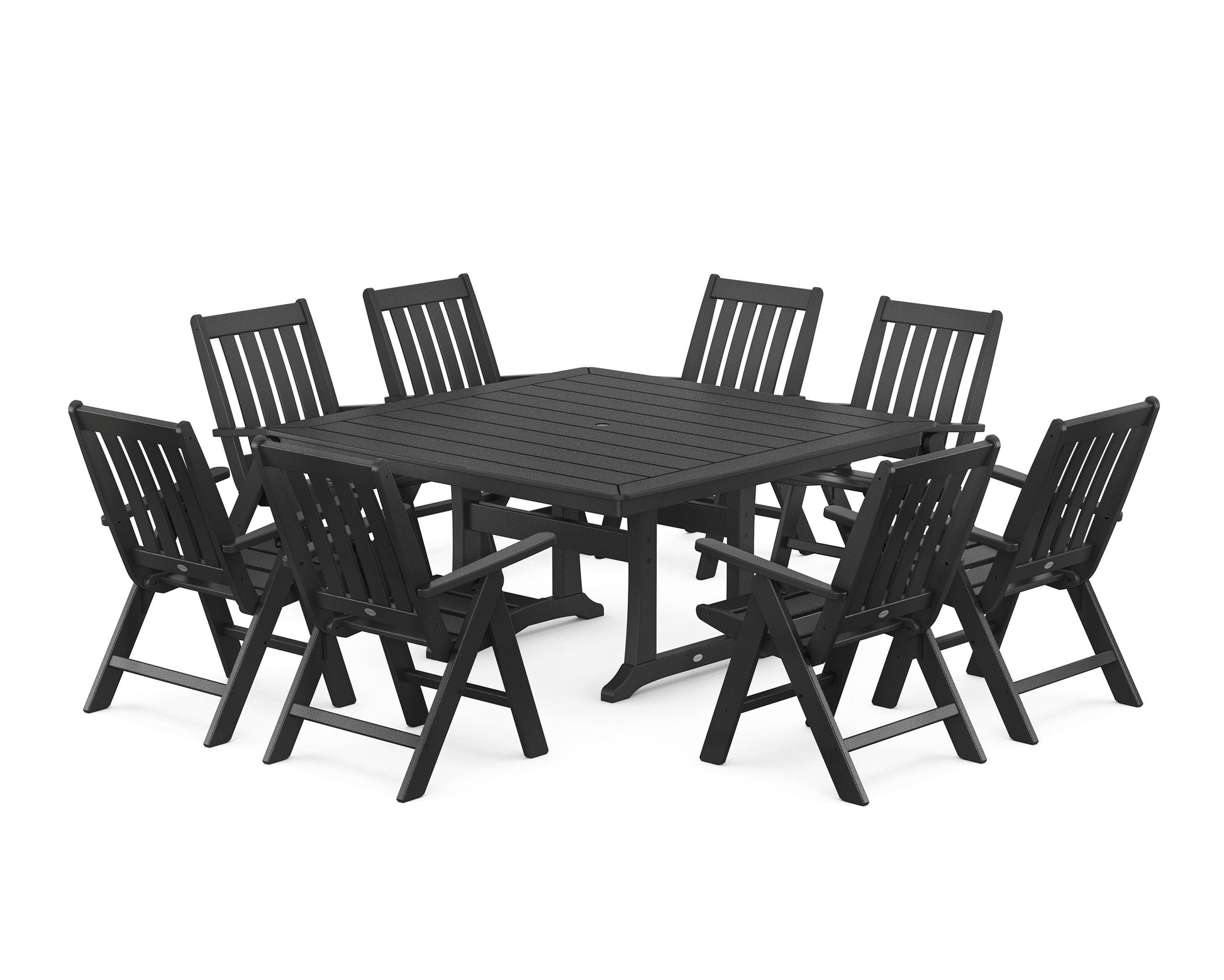 POLYWOOD Vineyard Folding Chair 9-Piece Square Dining Set with Trestle Legs — Black