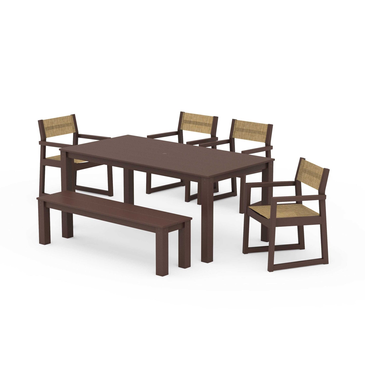 POLYWOOD EDGE Sling Arm Chair 6-Piece Parsons Dining Set with Bench — Mahogany / Burlap Sling